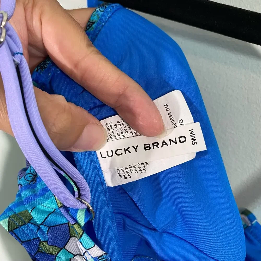 Lucky Brand Women's Blue Floral Graphics V-neck Cutout One Piece Swimsuit Size L